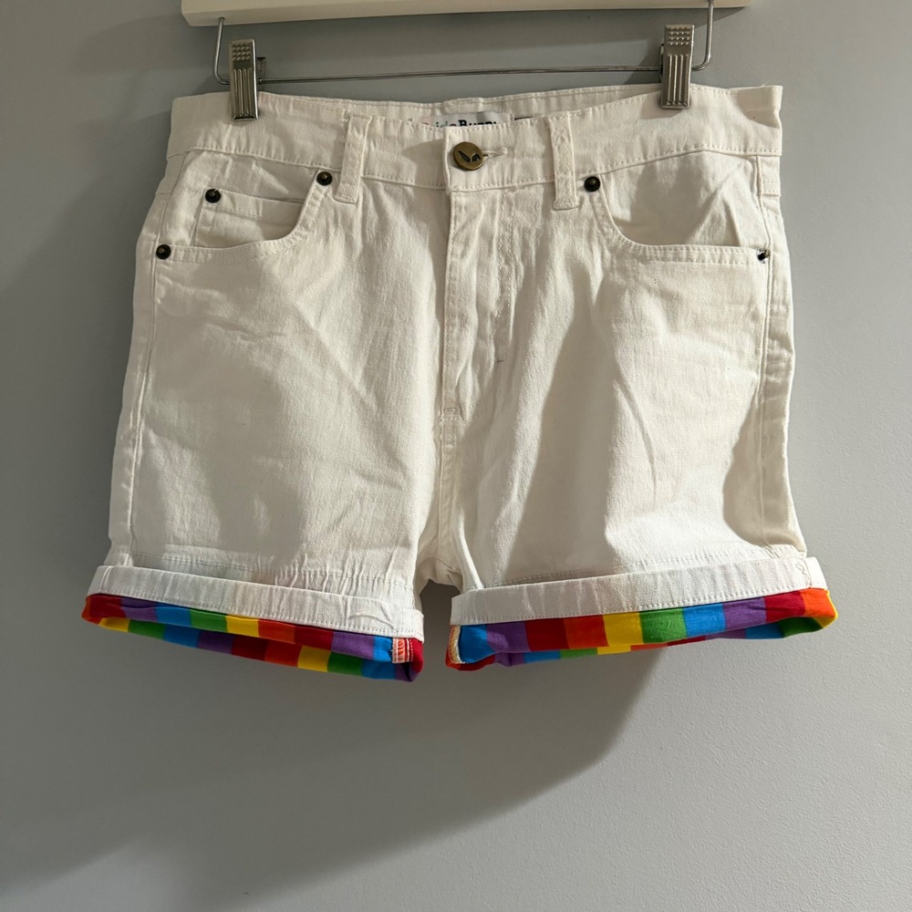 Pride Bunny Denim Shorts Women 30 White Excellent Rainbow Striped Cuff